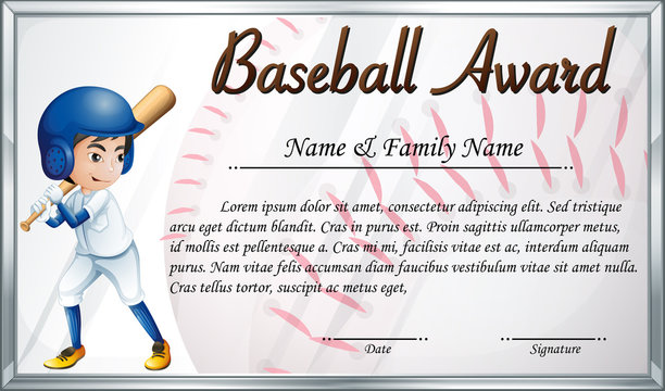 Certificate template for baseball award with baseball player background