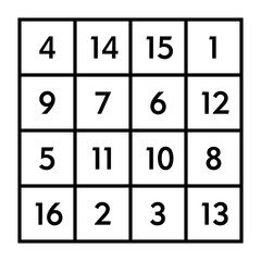 4x4 magic square of order 4 of astrological planet Jupiter with magic constant 34. The sum of numbers in any row, column, or diagonal is always thirty-four. Black and white illustration. Vector.