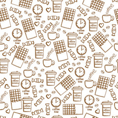 Food seamless pattern with chocolate, coffee, cup, sweet, candy and hearts. Coffee time. Doodle background. 
