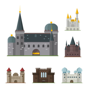 Cartoon fairy tale castle tower icon cute architecture fantasy house fairytale medieval and princess stronghold design fable isolated vector illustration.