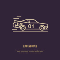 Racing sport car vector line icon. Speed automobile logo, driving lessons sign. Auto championship illustration.