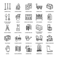 Gardening, planting and horticulture line icons. Garden equipment, organic seeds, fertilizer, greenhouse, pruners, watering can and other tools. Vegetables, flower cultivation linear signs.