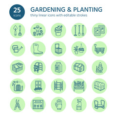 Gardening, planting and horticulture line icons. Garden equipment, organic seeds, fertilizer, greenhouse, pruners, watering can and other tools. Vegetables, flower cultivation linear signs.