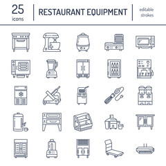 Restaurant professional equipment line icons. Kitchen tools, mixer, blender, fryer, food processor, refrigerator, steamer, microwave oven. Thin linear signs for commercial cooking equipment store.