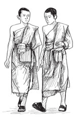 sketch of young buddhist monks walking on street in Thai, Chiangmai, free hand draw illustration vector