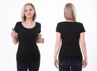 Shirt design and people concept - close up of young woman in blank black tshirt front and rear isolated. Mock up template for design print