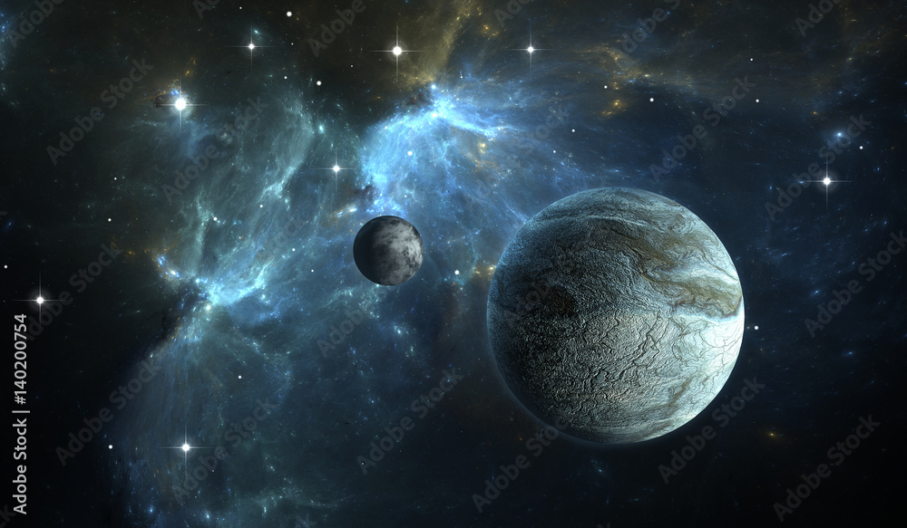 Canvas Prints extrasolar planet. stone planet with moon on background nebula.