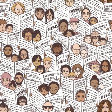 Bad news! Seamless pattern with diverse people, adults and children, reading newspapers, with shocked, fearful and sad facial expressions