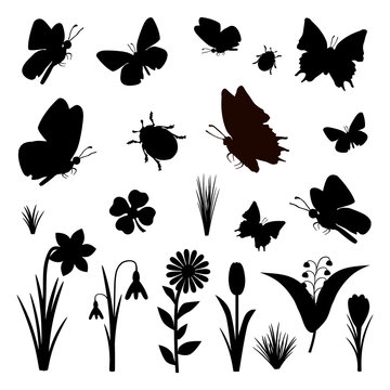 Schmetterlinge Blumen Frühling Silhouette Set schwarz