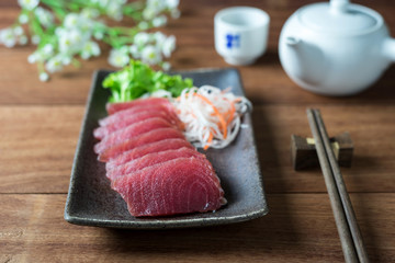 Tuna sashimi, raw fish in traditional Japanese style