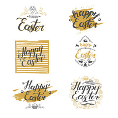 Collection of Easter lettering. Hand made calligraphy. Watercolor brush stroke. Vector design. Golden color