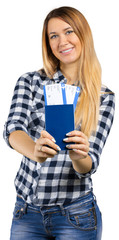 female tourist handing airline ticket, isolated on white