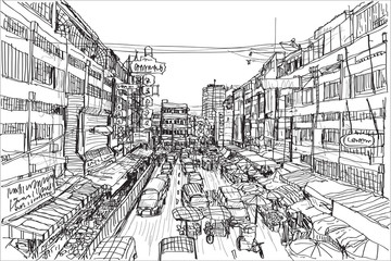 sketch city scape Thai local market place in Chiangmai, free hand draw vector illustration