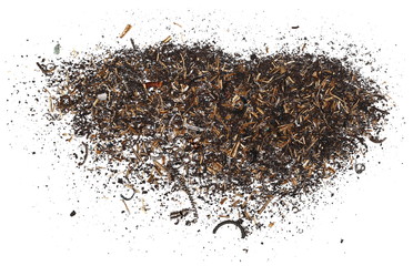 pile scrap metal shavings isolated on white background, texture, top view