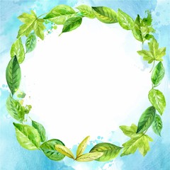 Fototapeta premium Round frame made of various leaves in watercolor. Hand-painted design elements. blue background