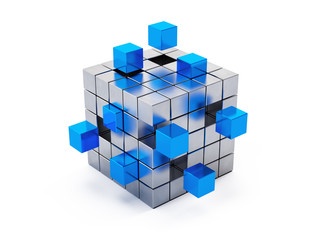 Obraz premium Teamwork business concept - cube assembling from blocks. 3d render