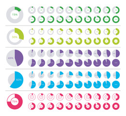 Set of pie chart infographic elements. 0, 5, 10, 15, 20, 25, 30, 35, 40, 45, 50, 55, 60, 65, 70, 75, 80, 85, 90, 95, 100 percents.
