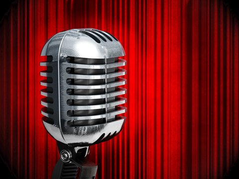 Vintage microphone on red curtains. 3D illustration