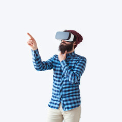 Thinking man in VR goggles