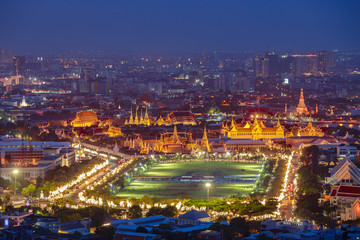 Bangkok sky Landscape of Thai's king palace with wat Arun and Bangkok night in Bangkok city, Thailand