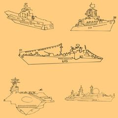 Warships. Sketch by hand. Pencil drawing by hand. Vector image. The image is thin lines. Vintage
