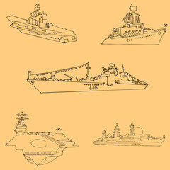 Naklejka premium Warships. Sketch by hand. Pencil drawing by hand. Vector image. The image is thin lines. Vintage