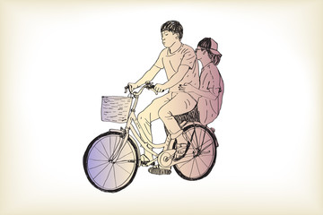 riding bicycle boy an girl free hand drawing, vector and illustration