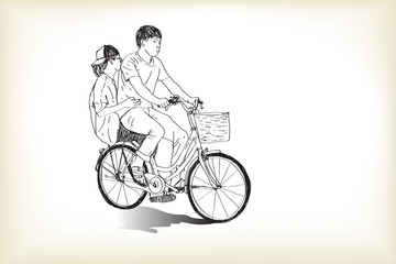 riding bicycle touring boy an girl, free hand drawing, vector and illustration