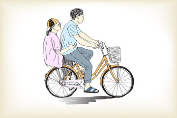 Obraz premium riding bicycle boy an girl free hand drawing, vector and illustration