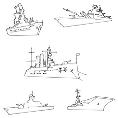 Warships. Sketch by hand. Pencil drawing by hand. Vector image. The image is thin lines