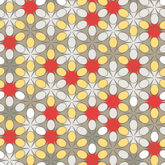 Seamless vector symmetrical flowers pattern in yellow, gray, pink colors. Endless texture for documents, textile, wrap or wallpaper.