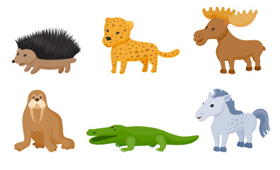 Zoo wild animals colorful set. Vector illustration