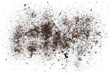 pile scrap metal shavings isolated on white background, texture, top view