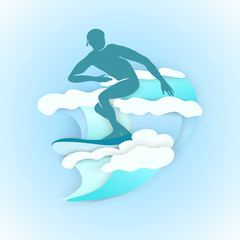 Vector illustration silhouette of men on surfboard sliding on sea waves