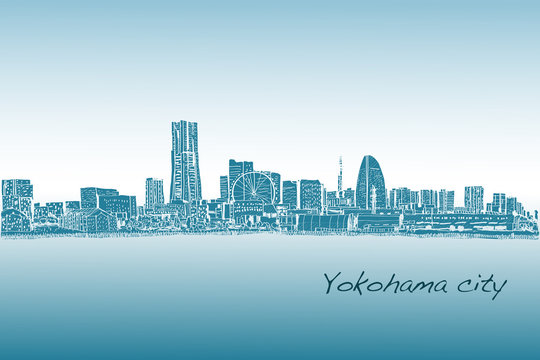 city scape skyline of Yokohama in Japan free hand drawing, vector and illustration