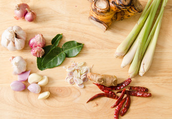 Food ingredient for Thai food cooking,spices and herb on wooden