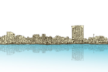 city scape free hand drawing, Hanoi city, vector and illustration