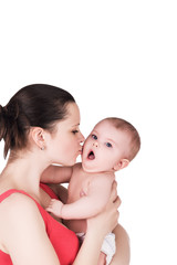 loving mother kissing her cute baby. surprised child looks at the camera, isolated on white