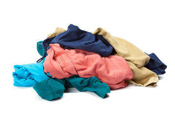 Stack of clothes on white background, closeup