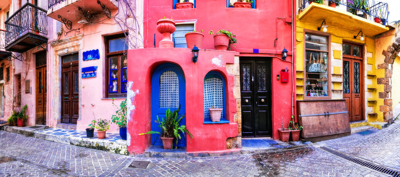 Fototapeta Colors of Greece series - vivid streets of old Chania town, Crete island