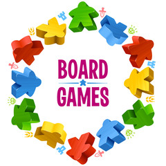 Hex frame of multicolor meeples for board games. Game pieces and resources counter icons isolated on white background. Vector border for design boardgames advertisement or template of t-shirt print