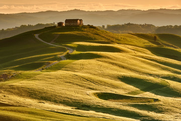 Fresh Green tuscany landscape in spring time - wave hills, cypresses trees, green grass and...