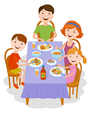Cute cartoon family dined at the table