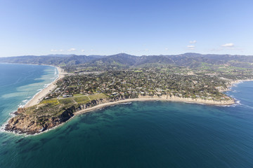 Aerial view of Point Dume and the Pacific ocean shoreline in Malibu California.