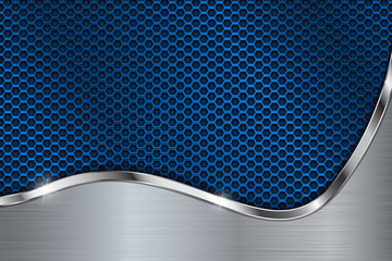 Blue metal perforated background. Chrome curve element