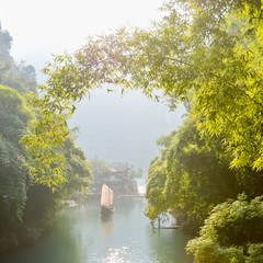 Obrazy na Szkle  China, travel, Sailing, Chinese fishing boat,Three Gorges Tribe scenic spot.