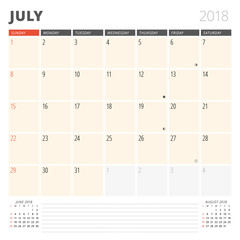 Calendar Planner for July 2018. Design Template. Week Starts on Sunday. 3 Months on the Page