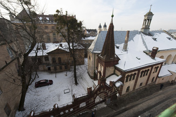 Unusual view of Lviv from top floor window