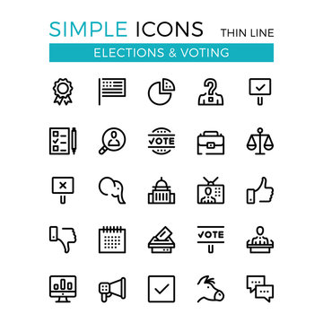 Elections, voting, political parties vector thin line icons set. 32x32 px. Modern line graphic design concepts for website, web design, mobile app, infographics. Pixel perfect vector outline icons set