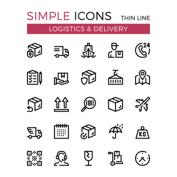 Delivery, transportation, logistics, shipping vector thin line icons set. 32x32 px. Modern line graphic design for website, web design, mobile app, infographics. Pixel perfect vector outline icons set